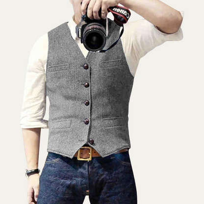 Men's button-up waistcoat with V-neckline and front pockets