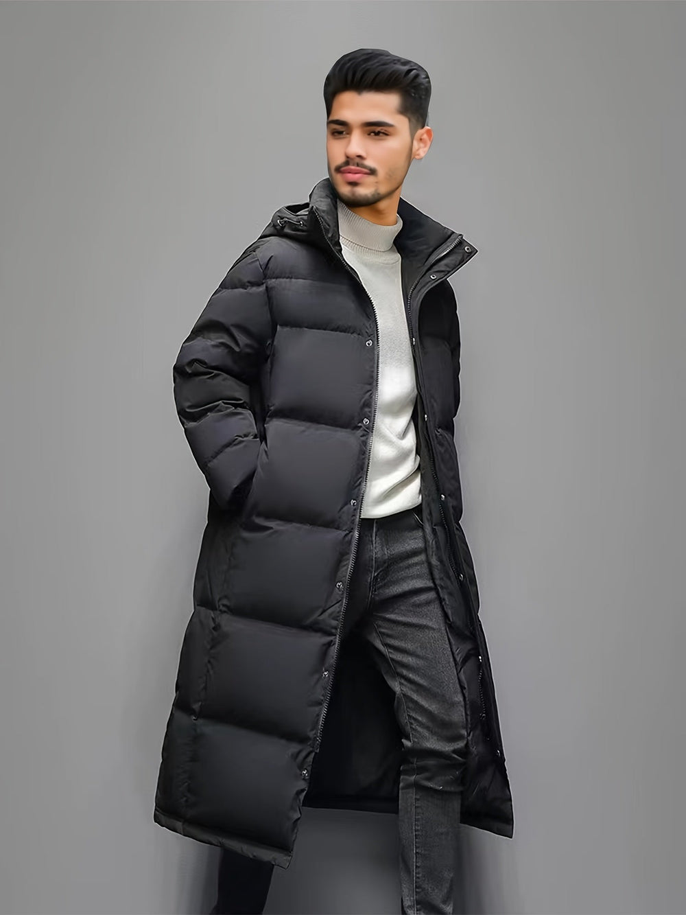Men's black long hooded puffer coat with quilted panels