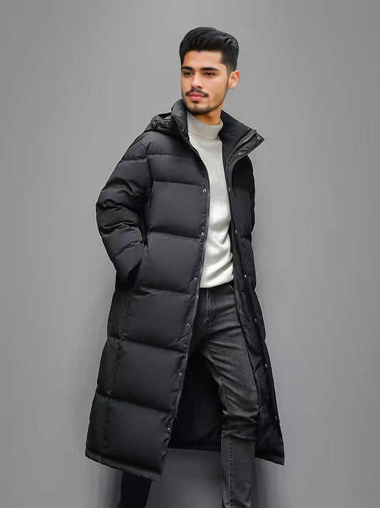 Men's black long hooded puffer coat with quilted panels