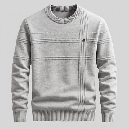 Men's crew neck knit sweater with ribbed horizontal and vertical detailing