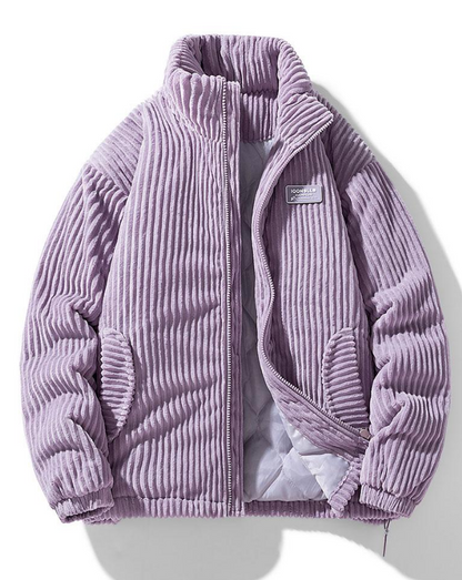 Ribbed padded jacket with high collar, zip front and adjustable hem