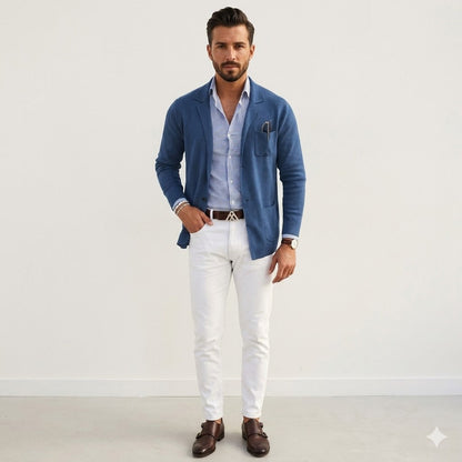 Men's long-sleeve knit blazer with notched lapels and front pockets