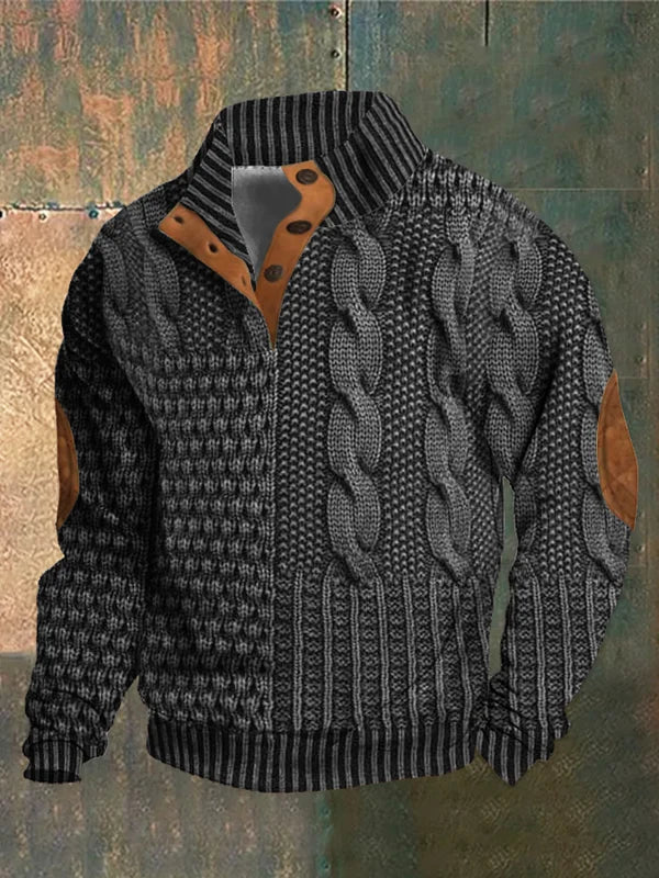 Men's patterned cable knit sweater with crew neck and suede elbow patches