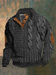 Men's patterned cable knit sweater with crew neck and suede elbow patches