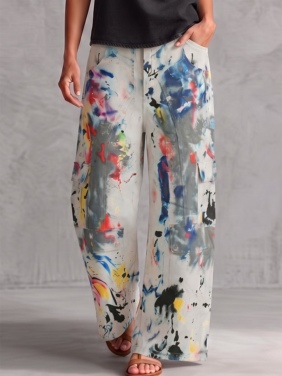 Women's high waisted wide leg jean with graffiti print in light grey