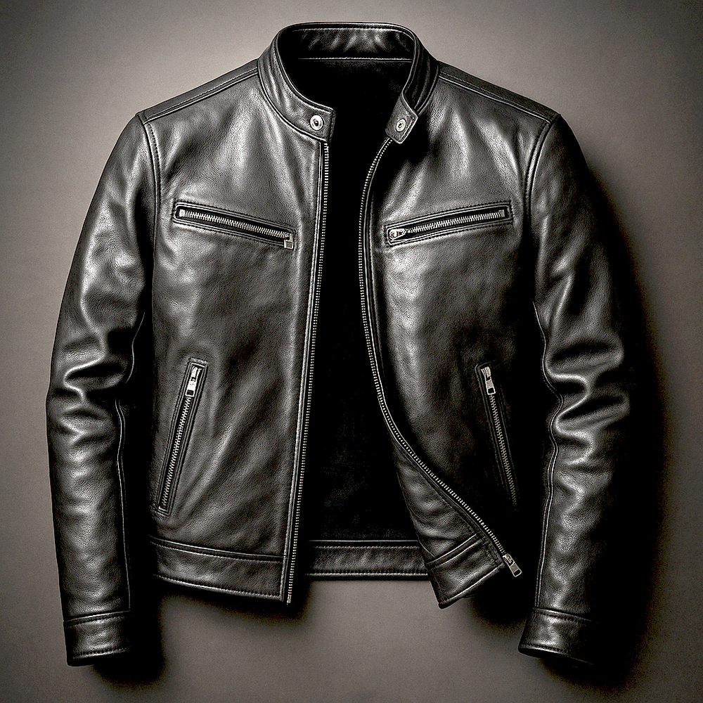 Men's leather jacket with stand collar and multiple zip pockets