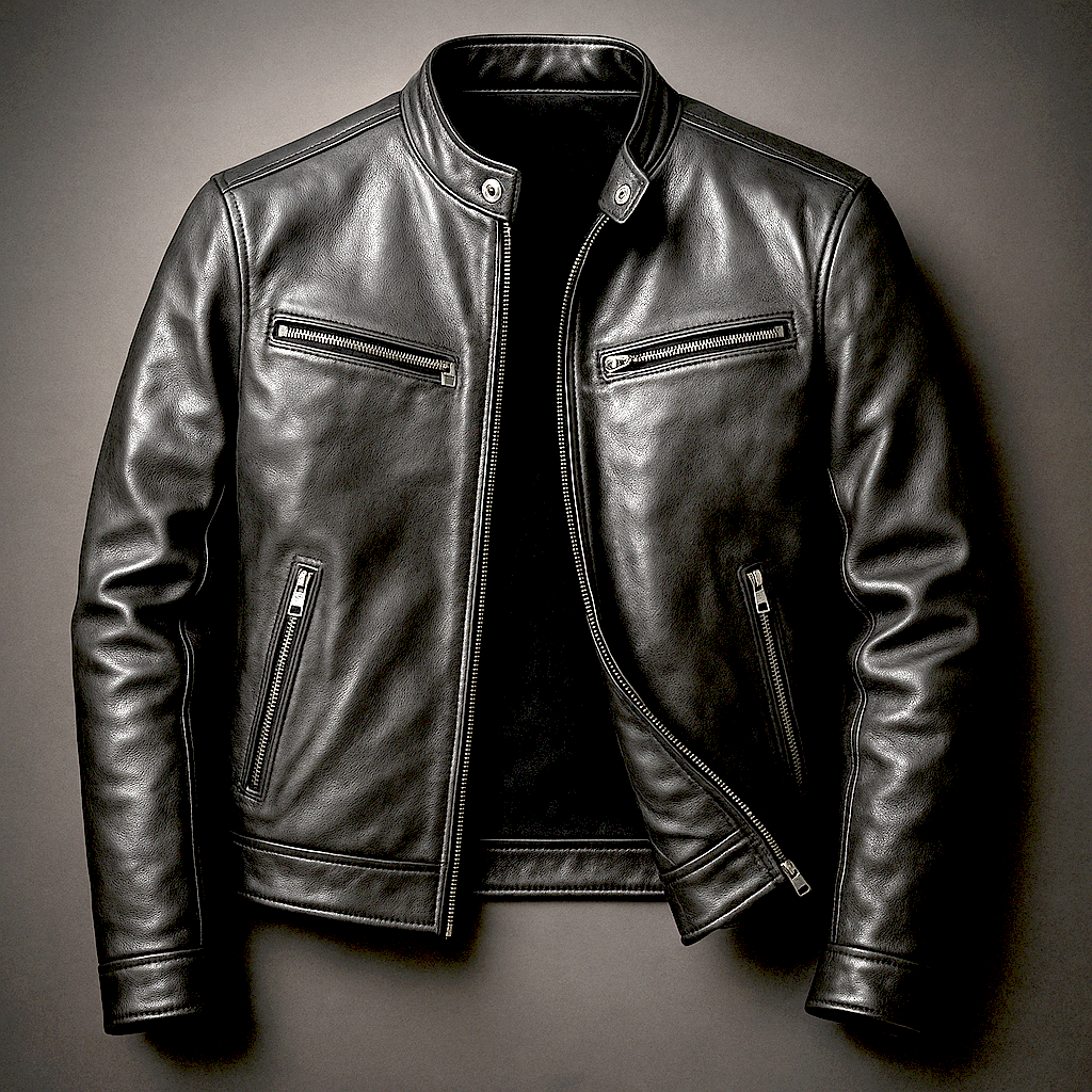 Men's leather jacket with stand collar and multiple zip pockets