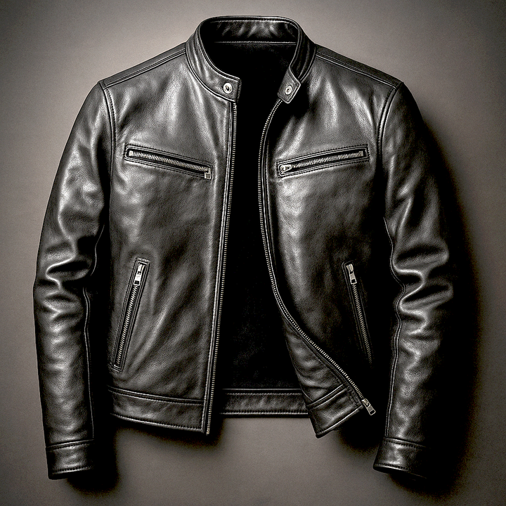 Men's leather jacket with stand collar and multiple zip pockets