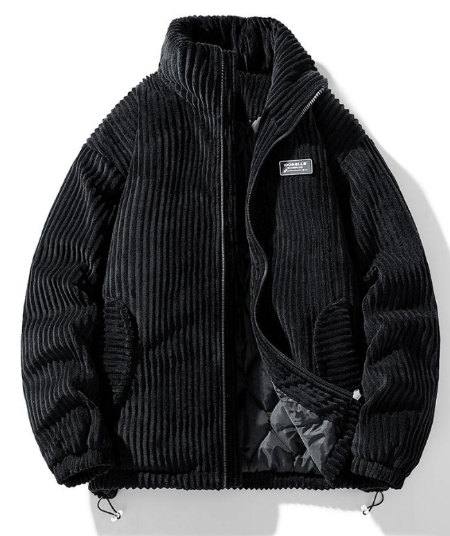 Ribbed padded jacket with high collar, zip front and adjustable hem