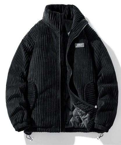 Ribbed padded jacket with high collar, zip front and adjustable hem