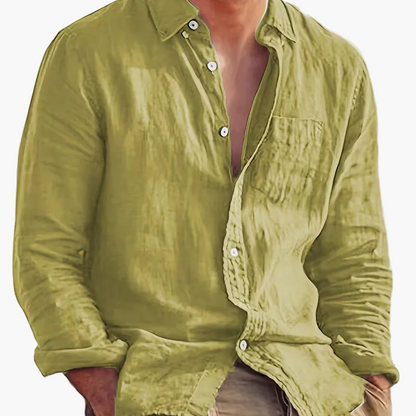 Men's long-sleeve textured button shirt with collar and chest pocket