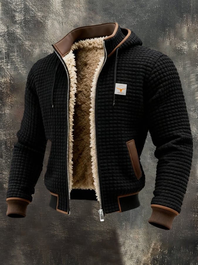 Men's textured quilted hooded jacket with full-zip front and plush contrasting lining