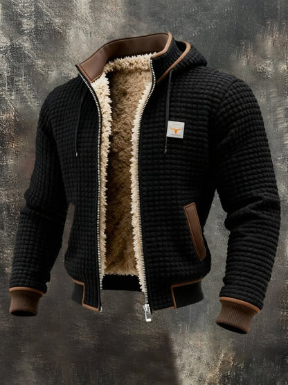 Men's textured quilted hooded jacket with full-zip front and plush contrasting lining