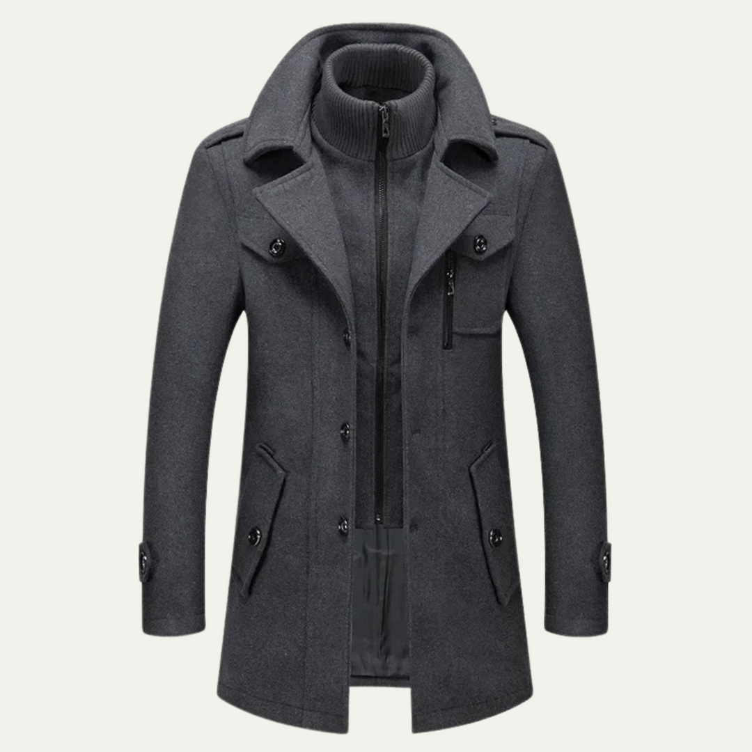 Men's long structured coat with stand collar, zip front, buttons and flap pockets