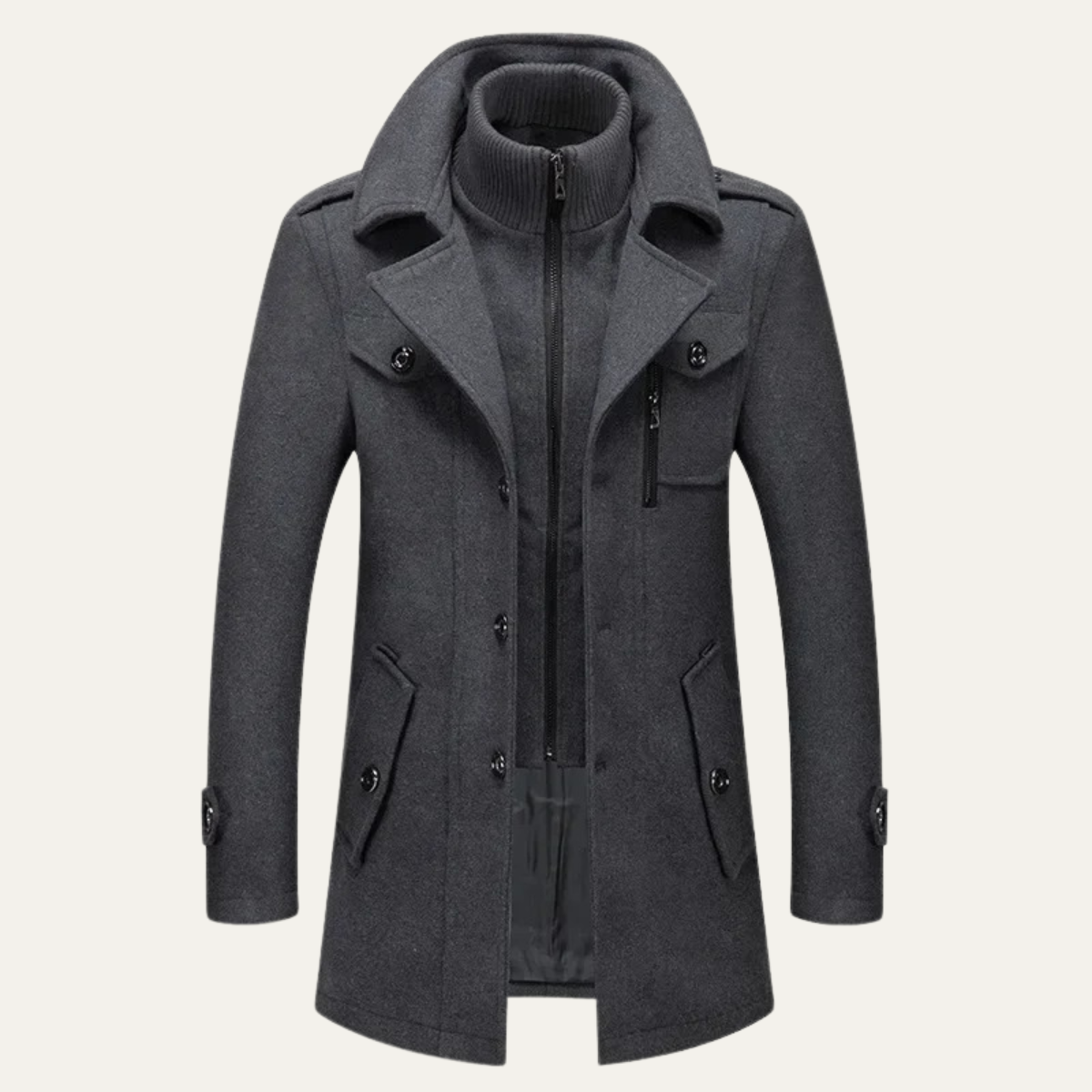 Men's long structured coat with stand collar, zip front, buttons and flap pockets