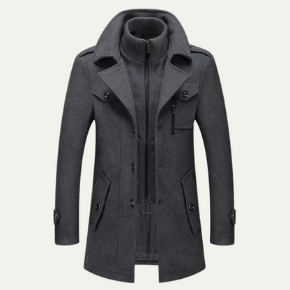 Men's long structured coat with stand collar, zip front, buttons and flap pockets