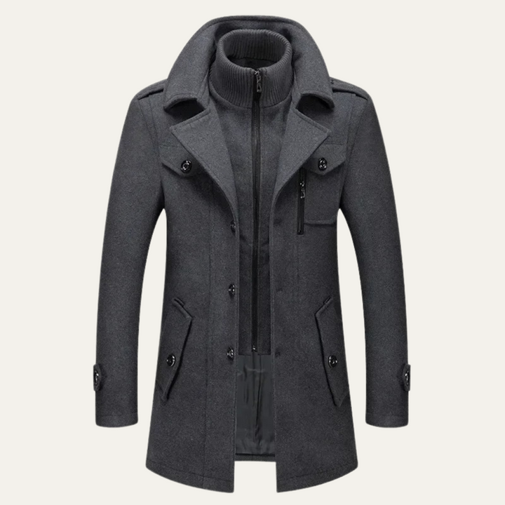 Men's long structured coat with stand collar, zip front, buttons and flap pockets