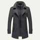 Men's long structured coat with stand collar, zip front, buttons and flap pockets