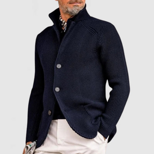 Men's knit cardigan with stand collar, buttons and patch pockets