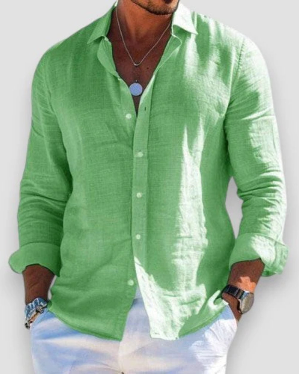 Men's long-sleeve button shirt with open collar and rolled cuffs
