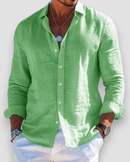 Men's long-sleeve button shirt with open collar and rolled cuffs