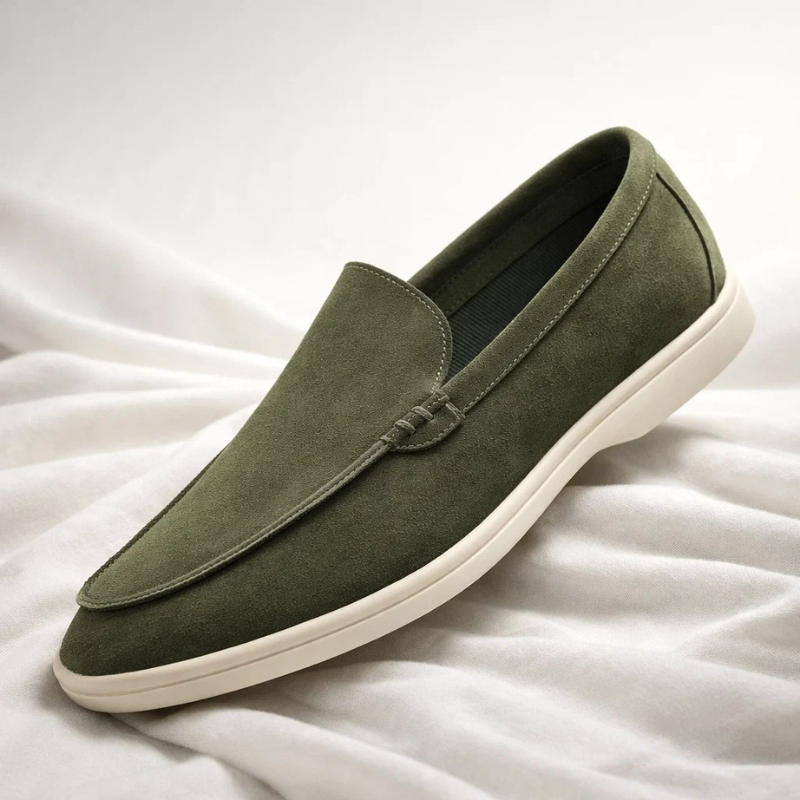 Men's slip-on moccasin loafer with stitched moc toe and low-profile sole