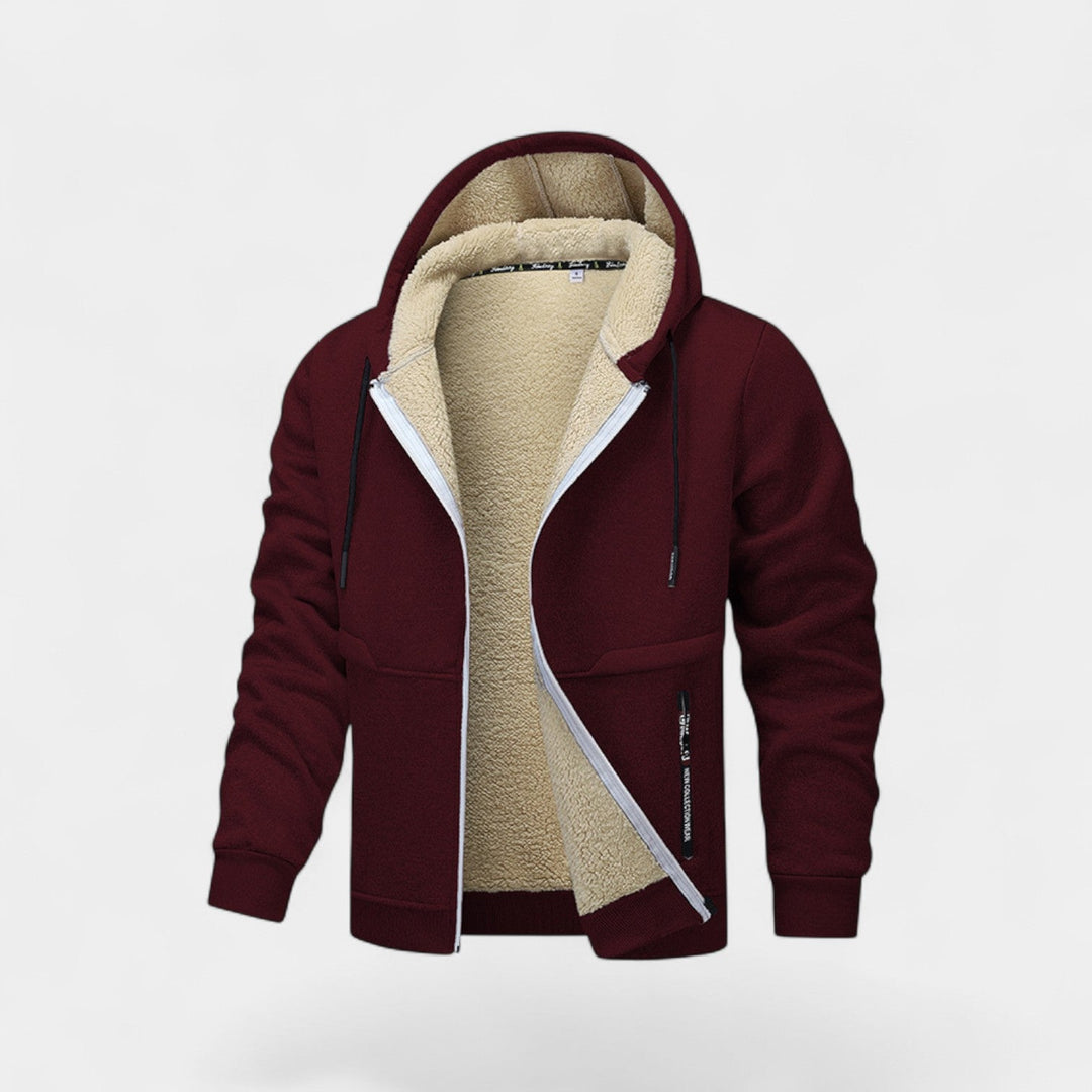 Men's hooded zip cardigan with fleece-style lining and ribbed trims