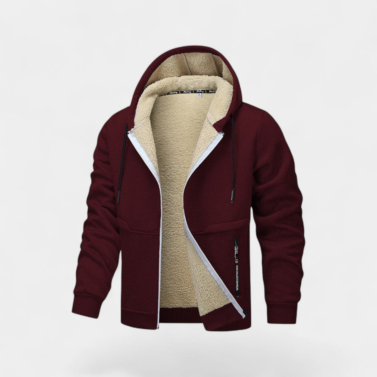 Men's hooded zip cardigan with fleece-style lining and ribbed trims