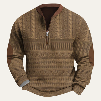 Men's textured half-zip sweater with mock neck and contrasting elbow patches