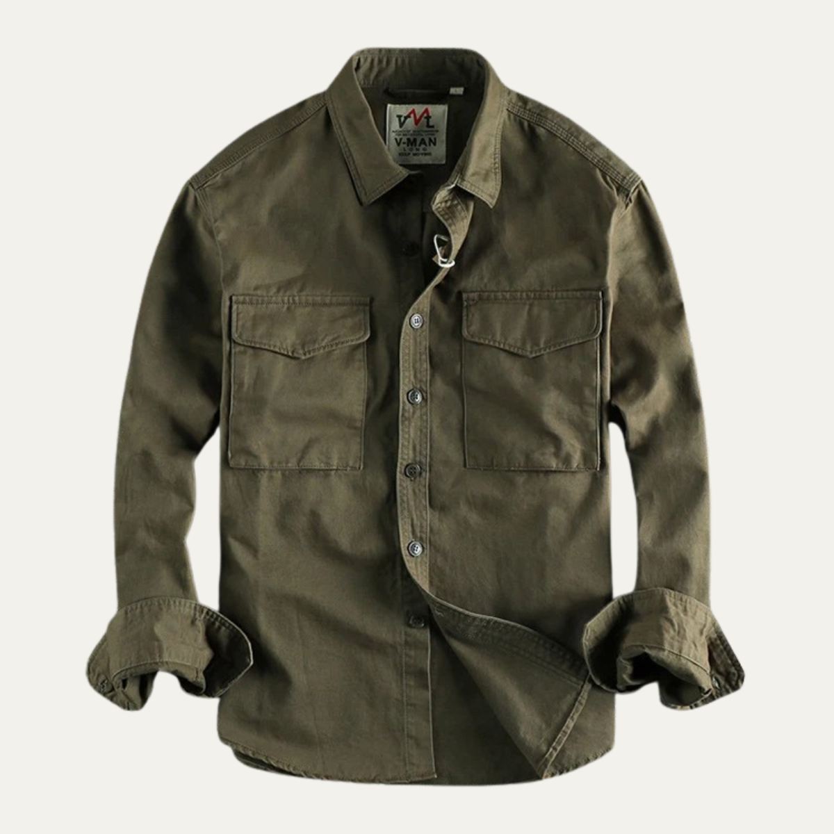 Men's long-sleeve utility shirt with button front and two flap chest pockets