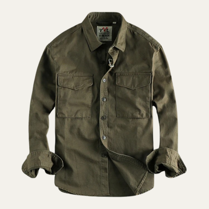 Men's long-sleeve utility shirt with button front and two flap chest pockets