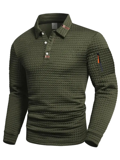 Men's long-sleeve quilted polo shirt with button placket and zipped sleeve pocket