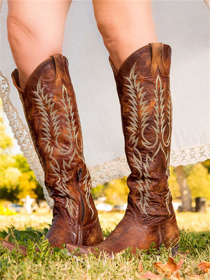 Embroidered knee-high Western cowboy boots