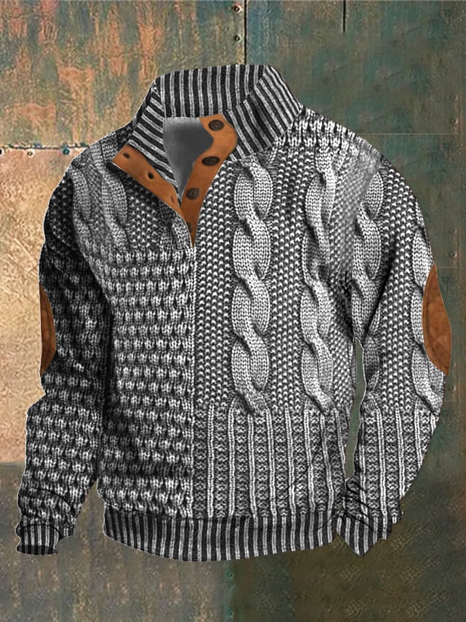 Men's textured knit sweater with raised collar, button fastening and sleeve elbow patches