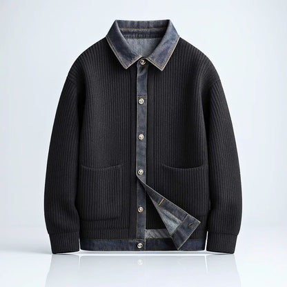 Ribbed jacket with contrasting denim-style trim, button front and patch pockets