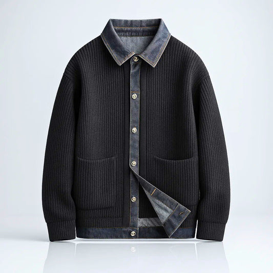 Ribbed jacket with contrasting denim-style trim, button front and patch pockets