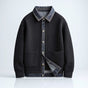Ribbed jacket with contrasting denim-style trim, button front and patch pockets