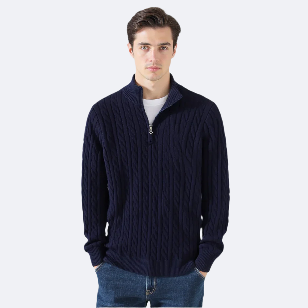 Pack of five men's cable-knit quarter-zip sweaters displayed on hangers in black, navy, white, cream and light blue