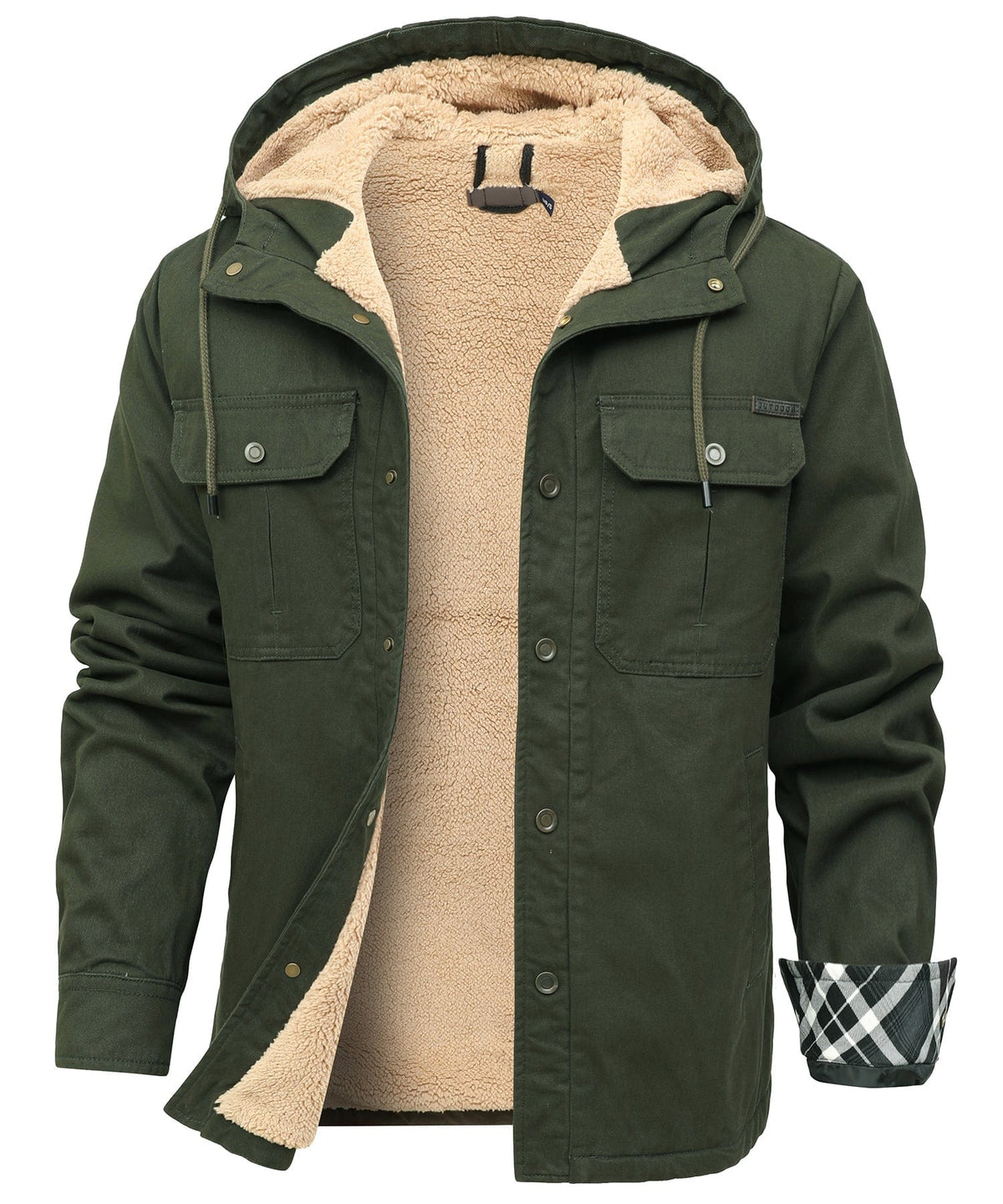 Hooded utility jacket with fleece-textured lining, snap front and multiple pockets