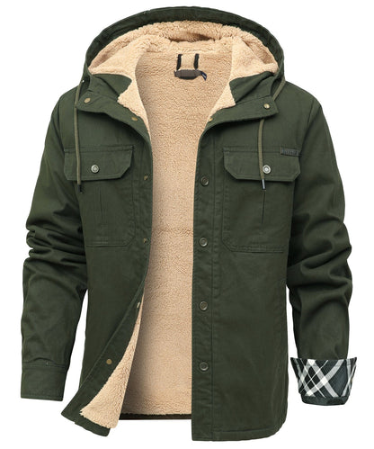 Hooded utility jacket with fleece-textured lining, snap front and multiple pockets