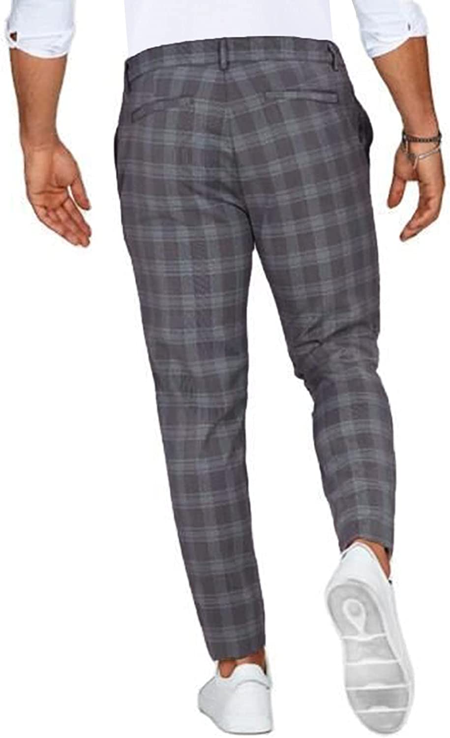 Men's tapered checked chino trousers with belt loops and ankle-length legs