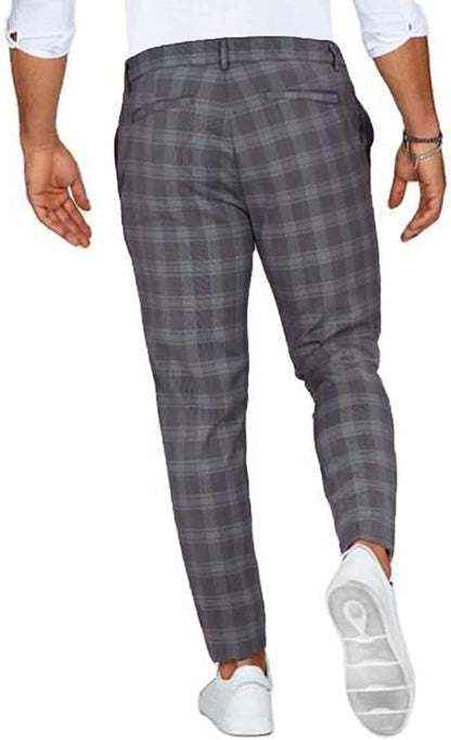 Men's tapered checked chino trousers with belt loops and ankle-length legs