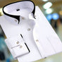 Men's long sleeve shirt with contrast trim, structured collar and button front