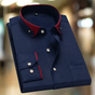 Men's long sleeve shirt with contrast trim, structured collar and button front