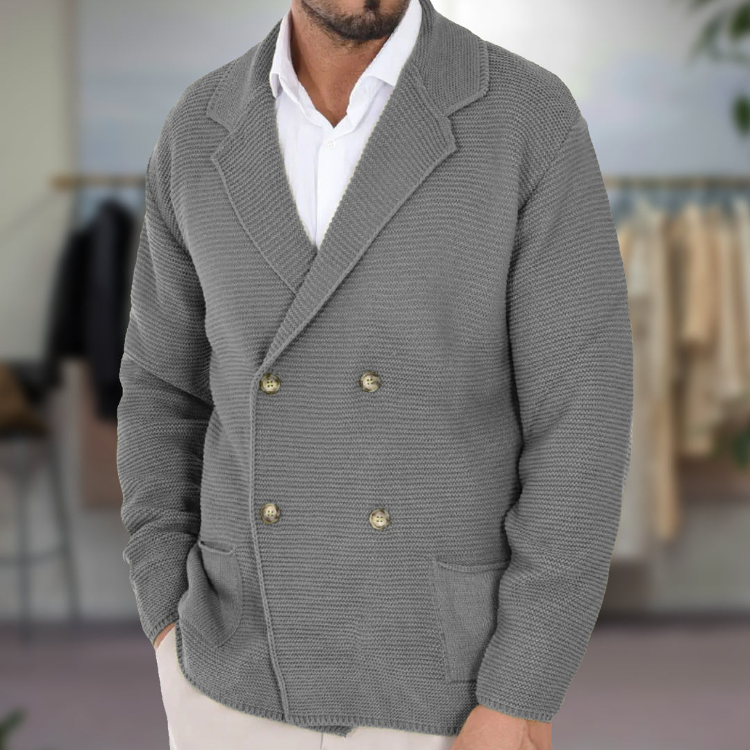 Men's knitted cardigan with crossover front and lapel collar