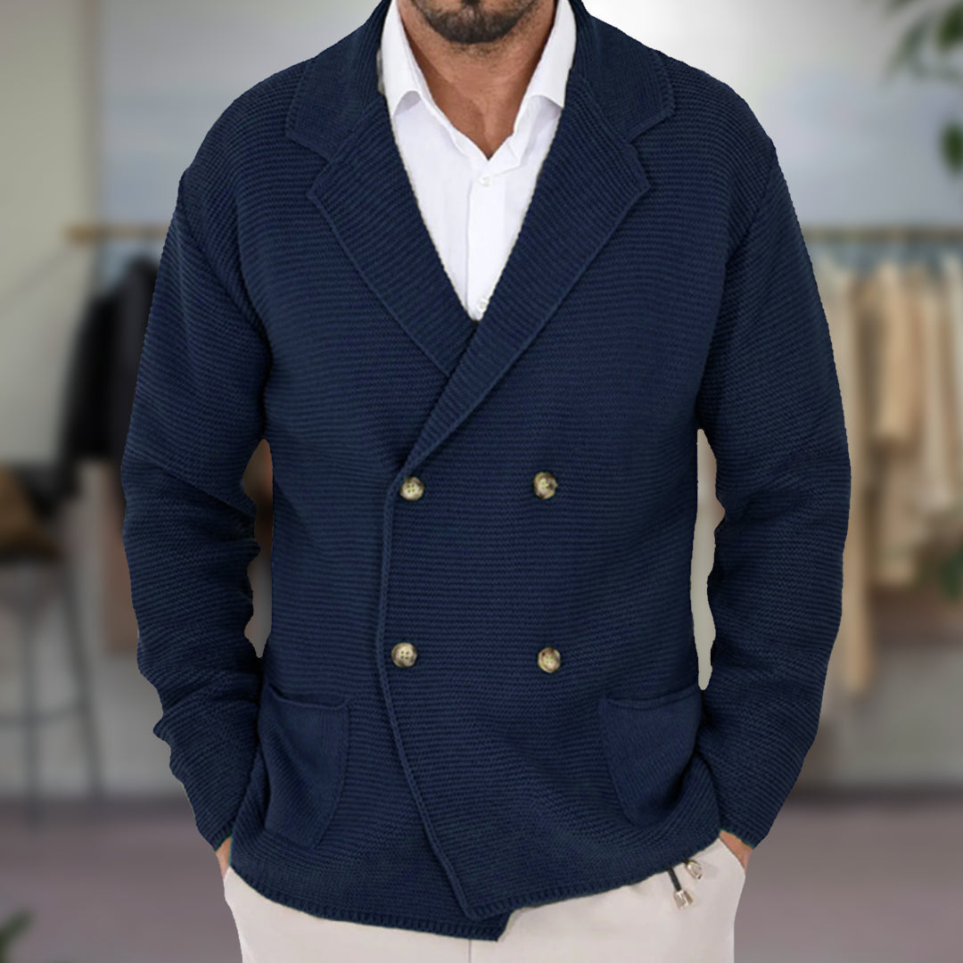 Men's knitted cardigan with crossover front and lapel collar