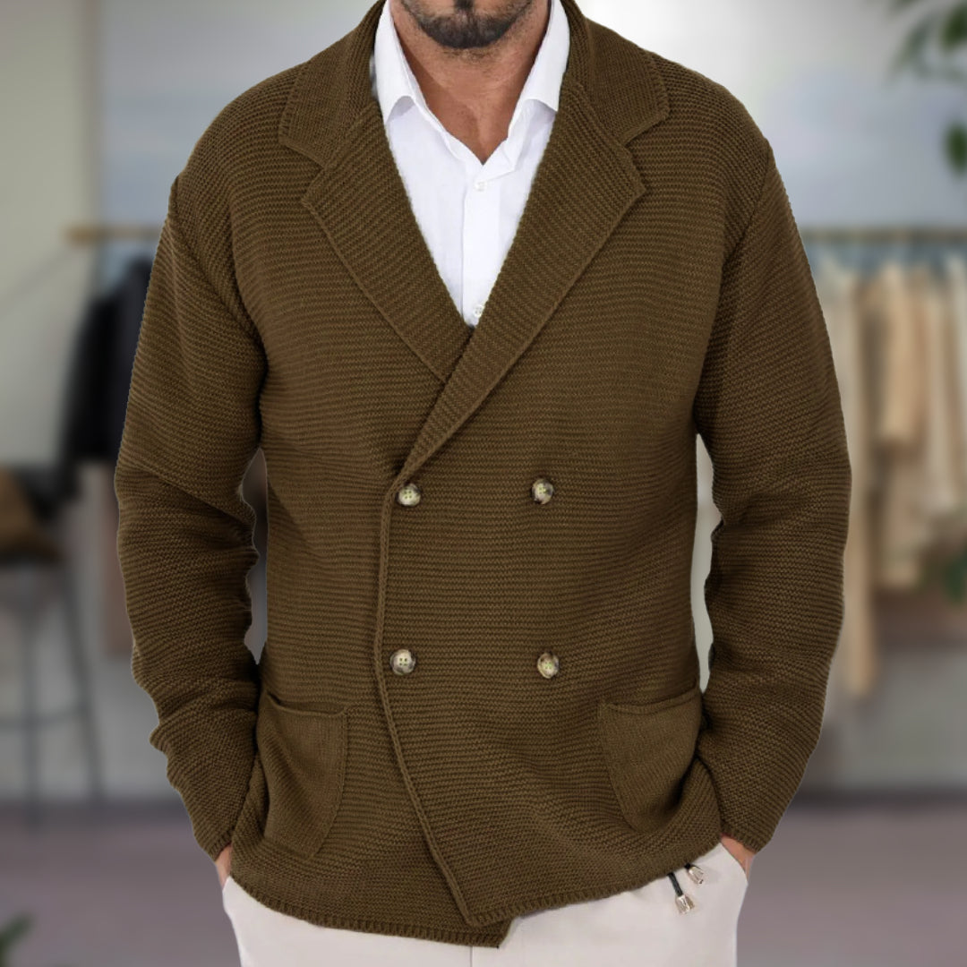 Men's knitted cardigan with crossover front and lapel collar