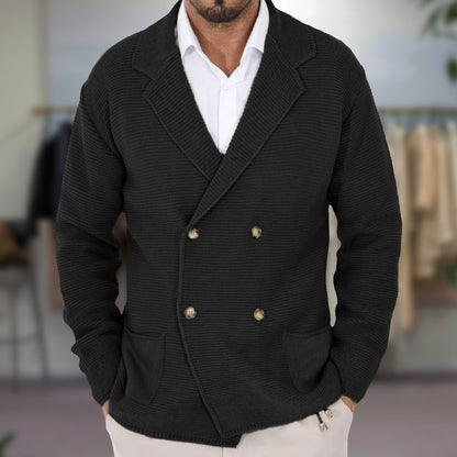 Men's knitted cardigan with crossover front and lapel collar