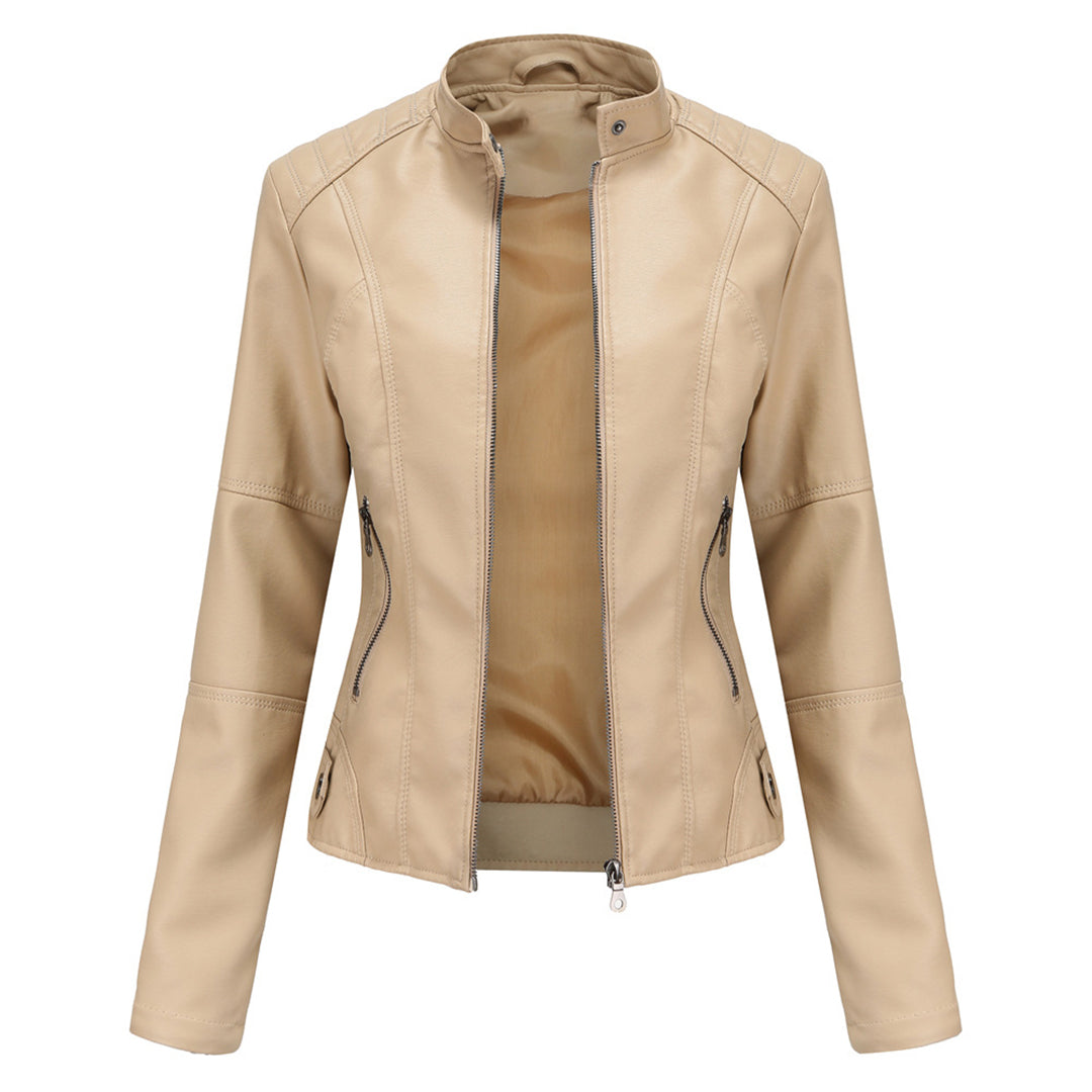 Women's tailored fitted leather jacket with zip front and stand collar