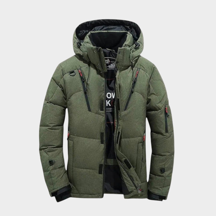Men's solid winter jacket with long sleeves and zip front